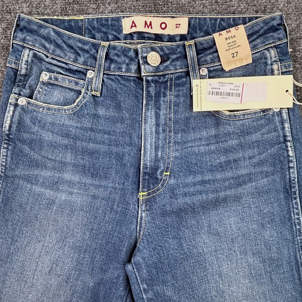 AMO Rosa Flare Jeans Lush Wash Mid Rise Slim Fit Subtle Flare Size 27 NEW - Picture 3 of 10